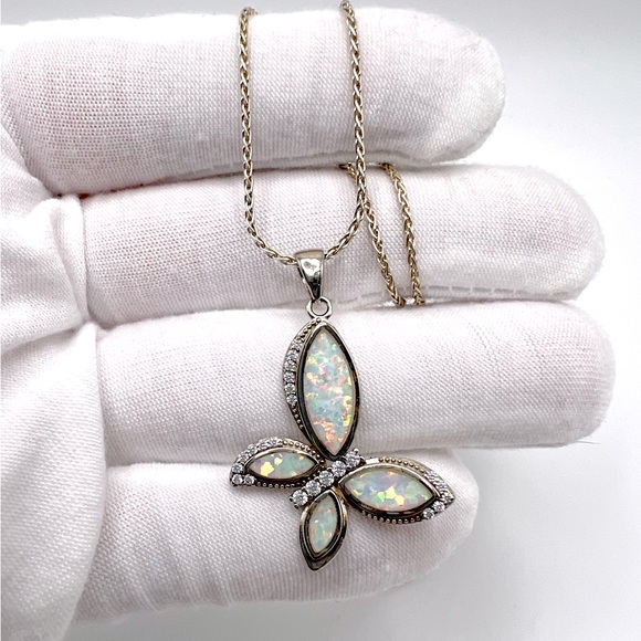 Jewelry - .925 Sterling Silver Lab Created Opal & Cz Butterfly Necklace